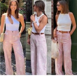 Zara Light Pink embroidered Wide-Leg Pants and top set